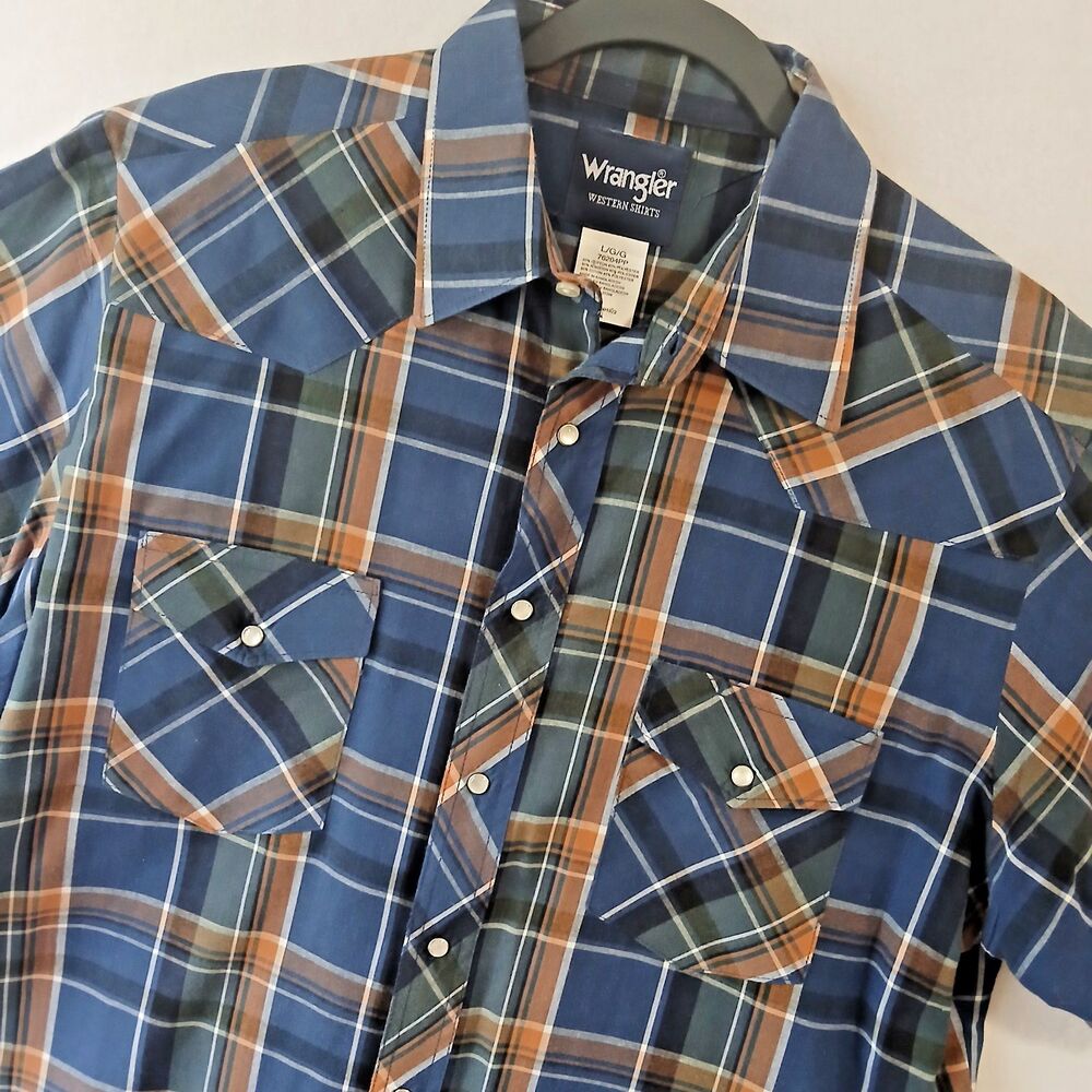 Wrangler Western Shirt Men Large Blue Plaid Pearl Snap Short Sleeve Cowboy #895